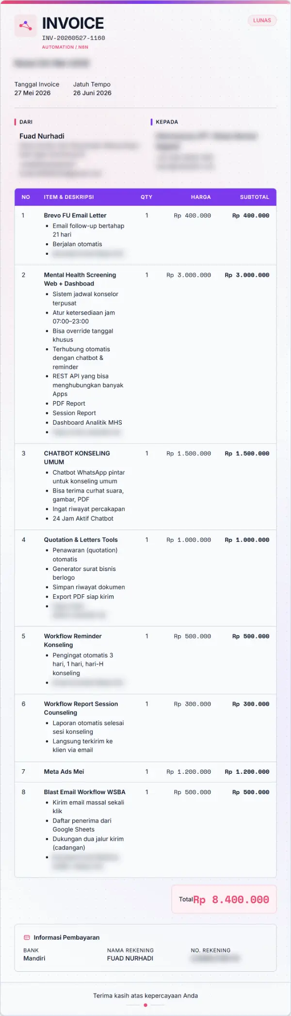 Invoice proyek automation senilai Rp 8,4 juta, status lunas