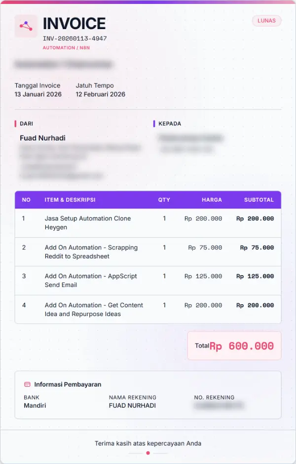 Invoice proyek automation senilai Rp 600 ribu, status lunas